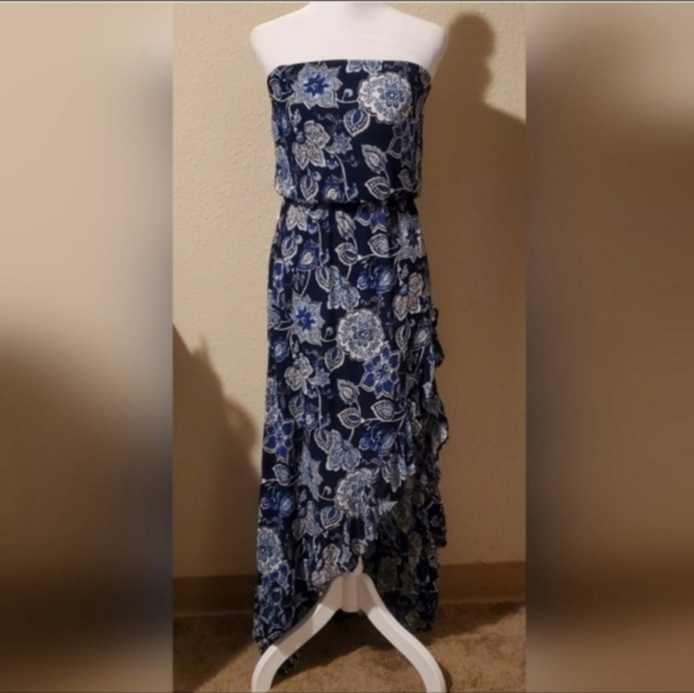 Aqua Women's Navy Floral Strapless High Low Ruffle Maxi Dress XS